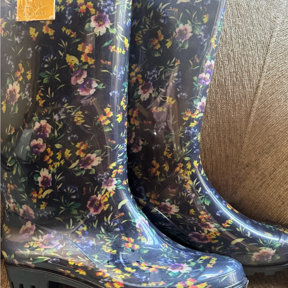 Nicole Miller Black Floral Rain Boots